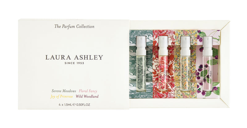 Laura Ashley perfume collection with floral design on packaging