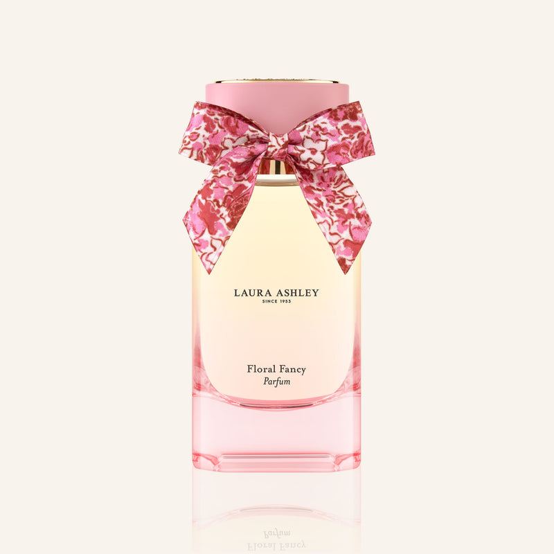 Laura Ashley Floral Fancy perfume bottle with a pink bow on a white background
