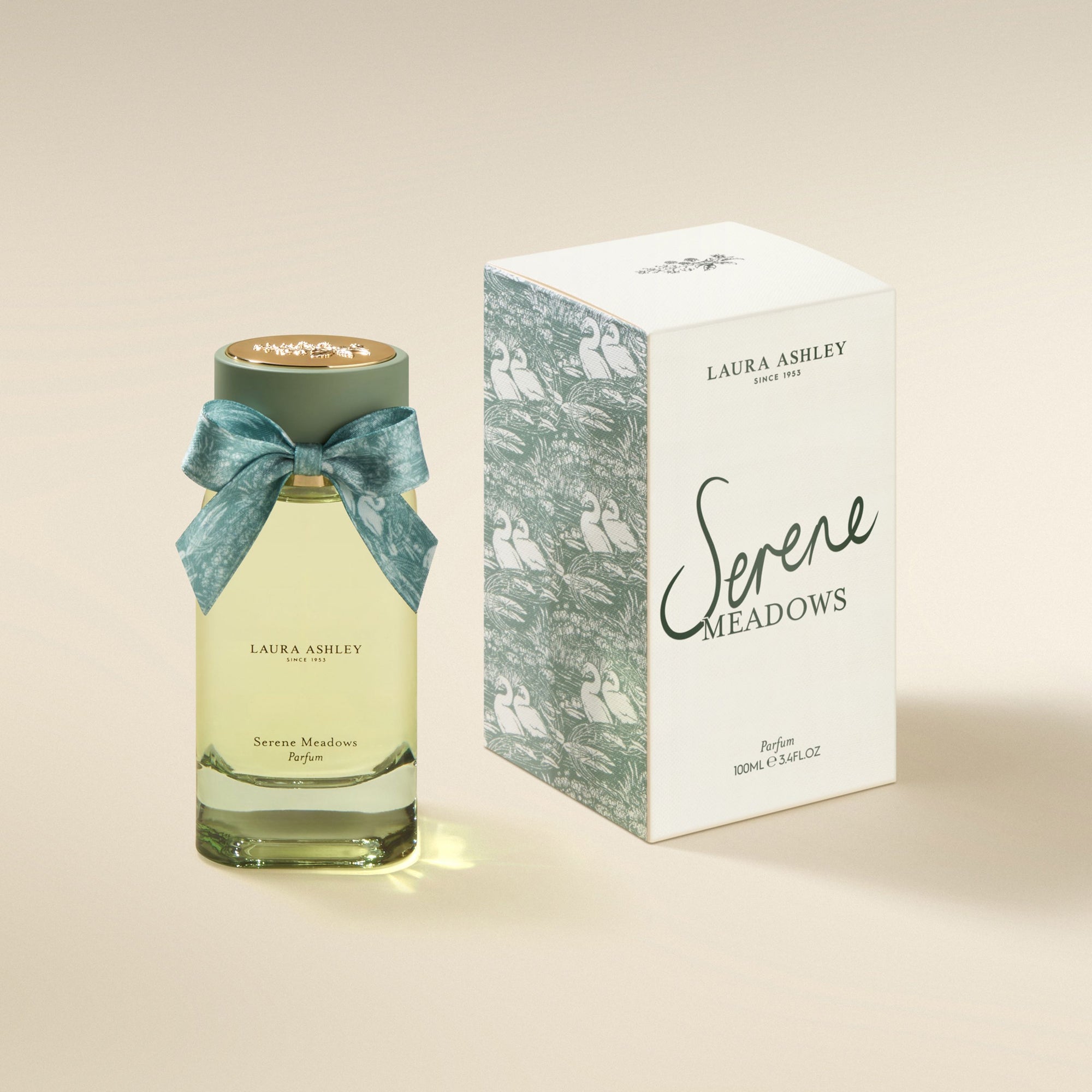 Laura Ashley Serene Meadows perfume bottle and packaging on a beige background